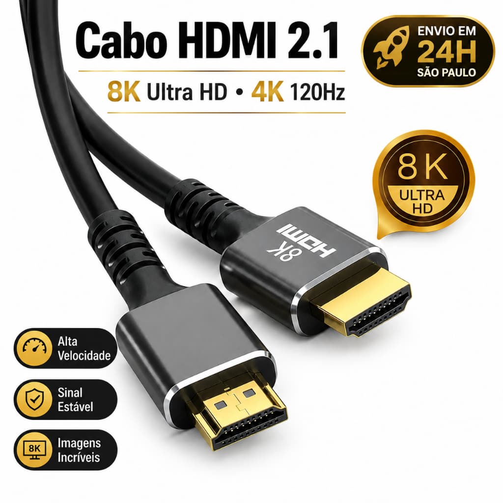 Cabo HDMI 2.1 Ultra HD 8K 60Hz 4K 120Hz Gold 48Gbps para TV PC Monitor – 1.5m 3m 5m