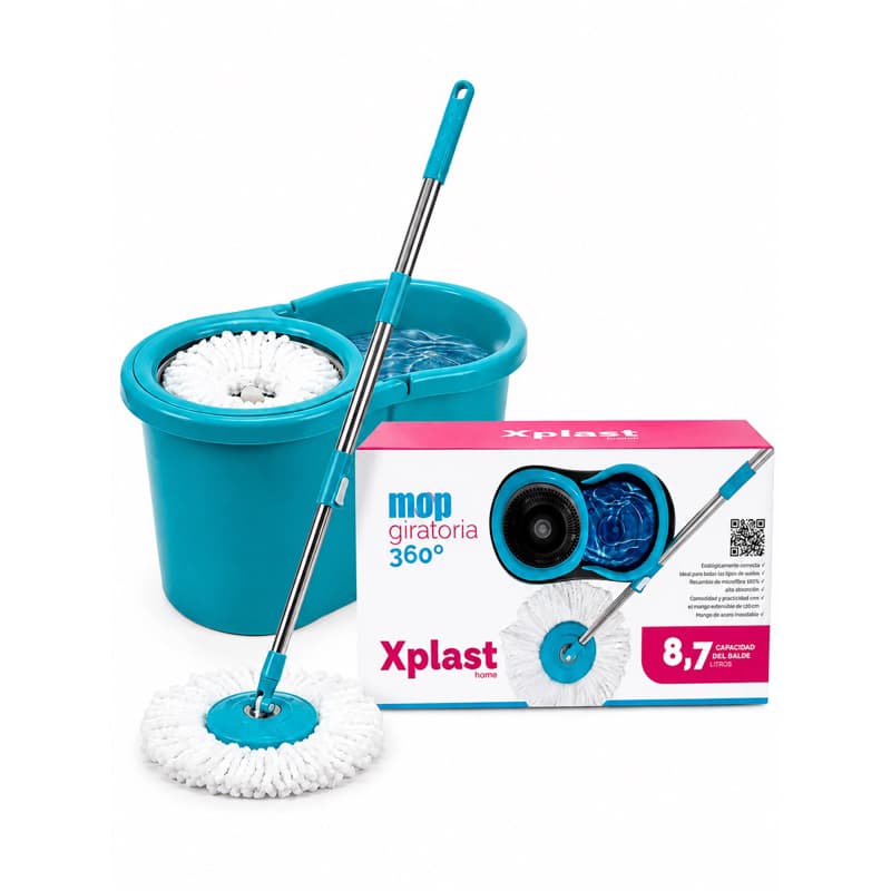 Xplast Mop Giratório 8,7 Litros Fit Cesto Plástico Esfregão Microfibra Cabo Inox 360° Limpeza Eficiente