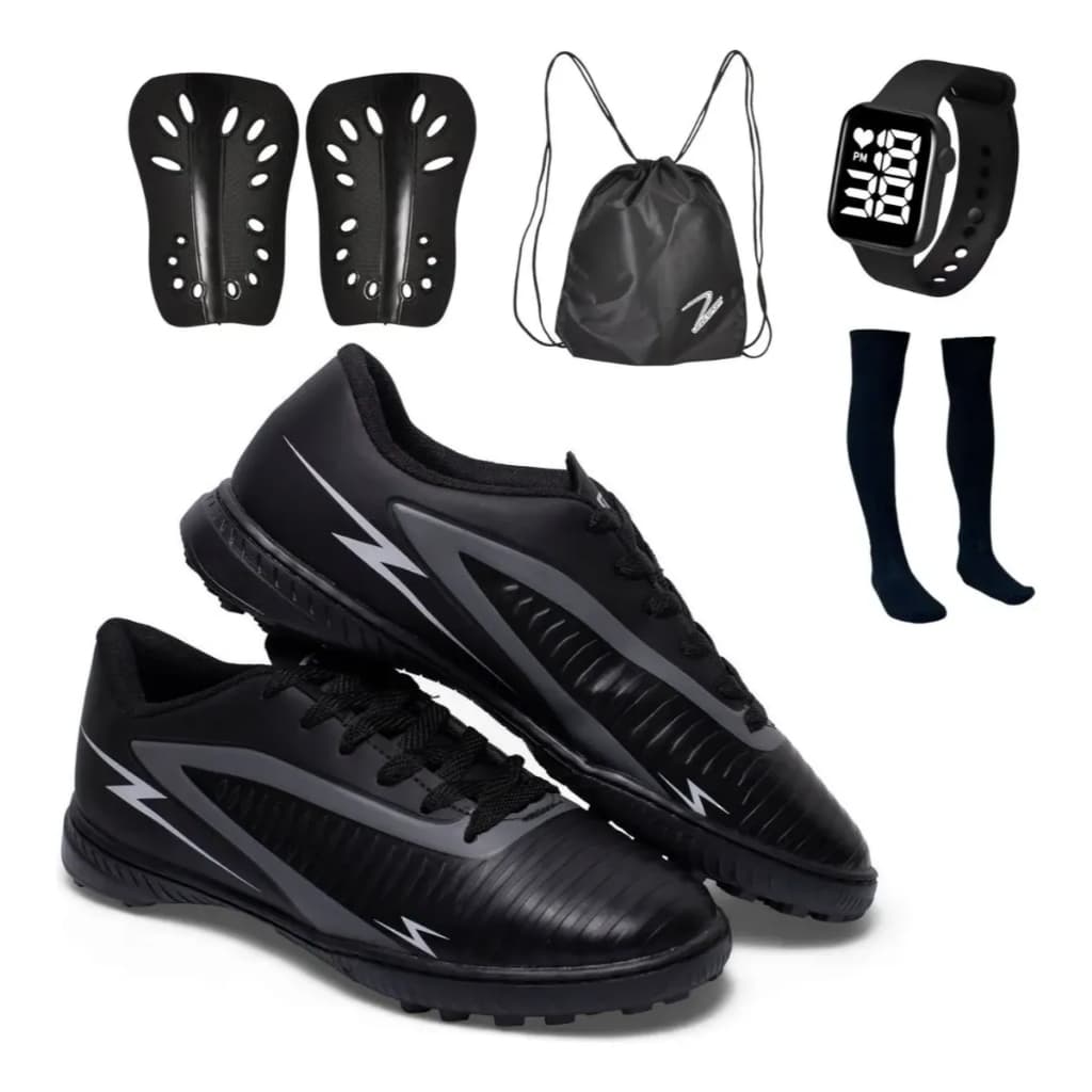 Kit Chuteira Society Striker + Meião + Caneleira + Mochila + Relógio