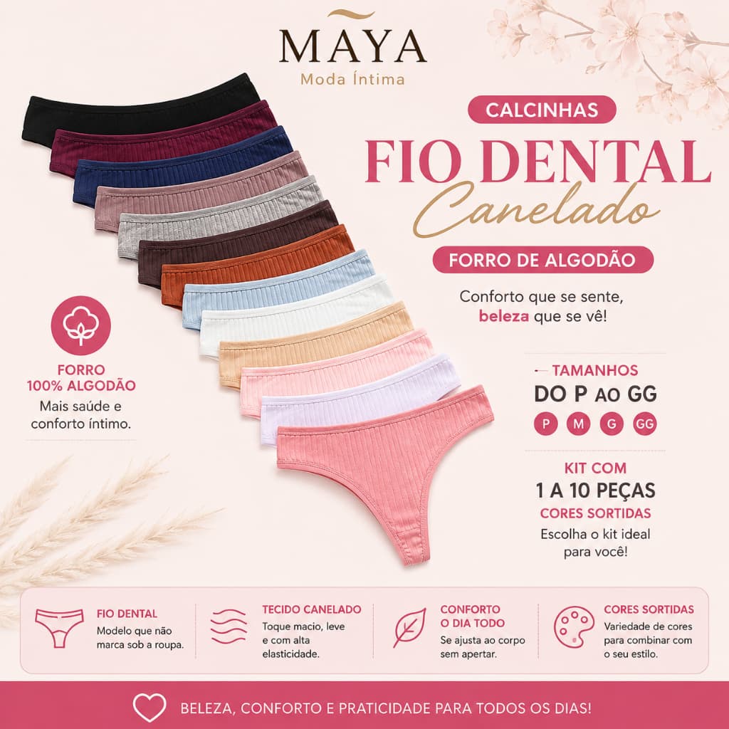 Kit Calcinha Fio Dental Feminina Canelada Forro 100% Algodão P ao GG Cores Sortidas 1 a 10 Peças