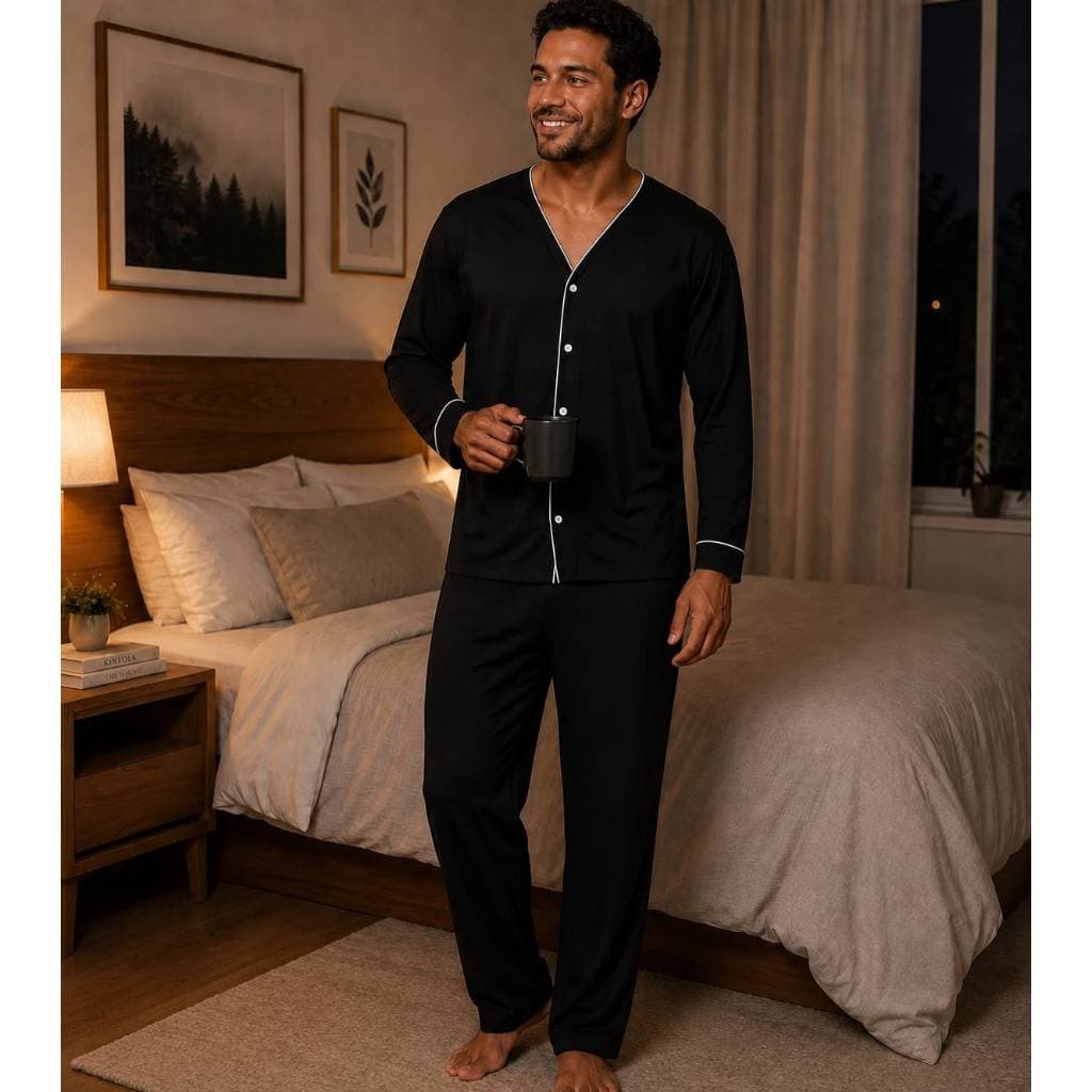 Pijama Masculino Longo Pós Cirurgico com Botões do P ao XXG 100% Poliéster Preto Cinza Azul Claro