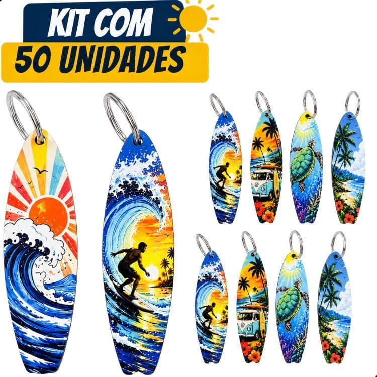 Kit 50 Chaveiros Prancha de Surf MDF 3mm Com Argola Coloridos Lembrancinha Praia Brinde Presente