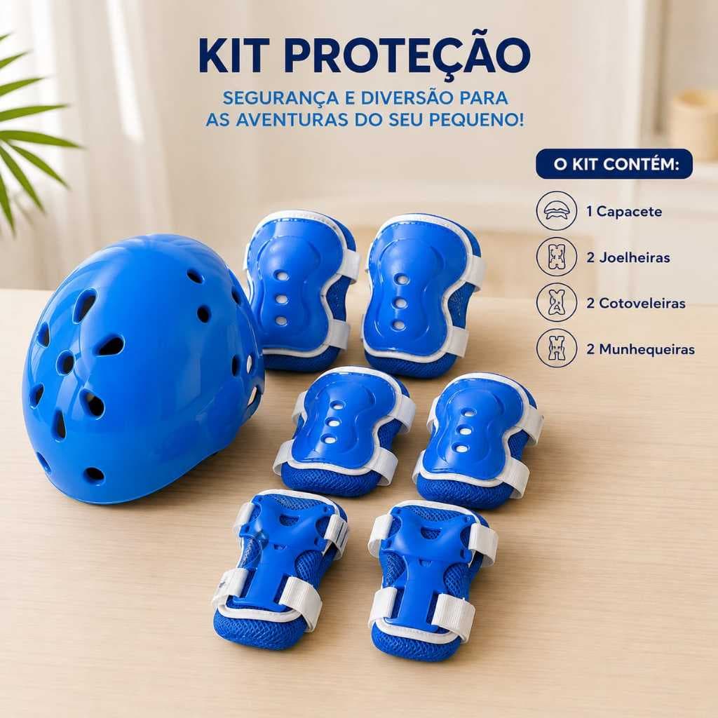 Kit Capacete Infantil + Joelheira Cotoveleira e Munhequeira para Proteção