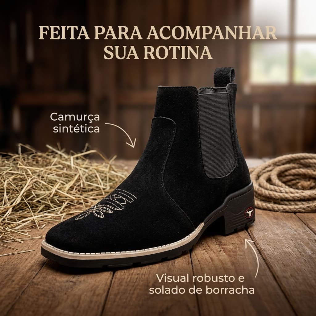 Botina Country Masculina Tex Camurça Sintética Solado Borracha Confortável Resistente Rodeio Trabalho 37 ao 44