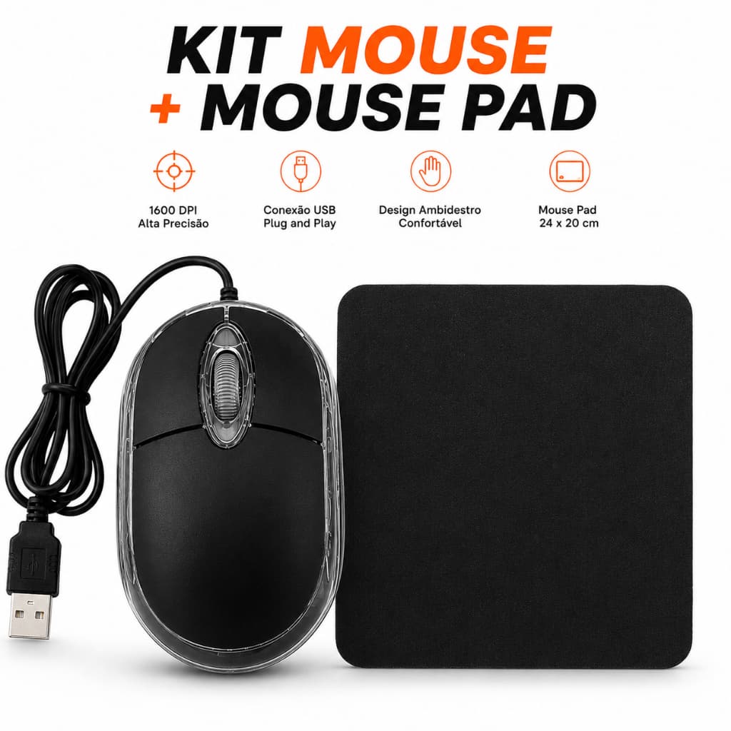 Kit Mouse USB C/ Fio Grande + Mouse Pad Pequeno Quadrado