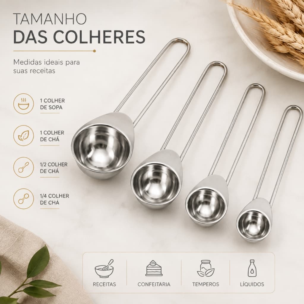 Colher Medidora Inox Kit 4 Peças Medidores de Cozinha para Receitas Temperos Ingredientes
