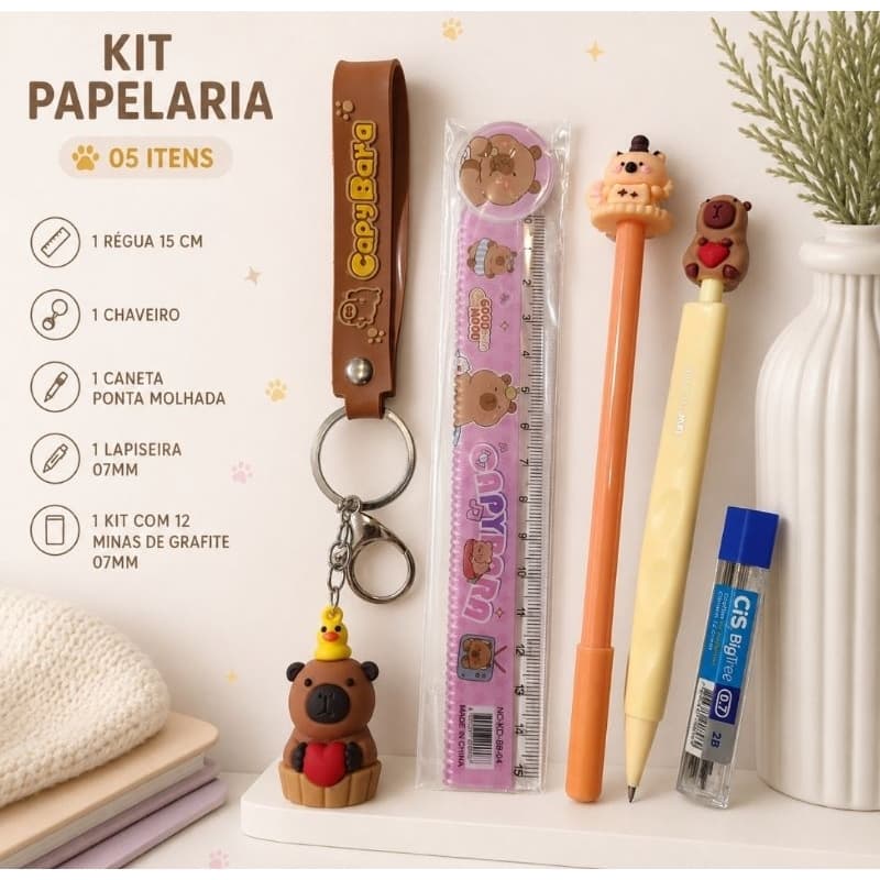 kit fofo de papelaria com blocos, chaveiros lapiseiras e canetas variados