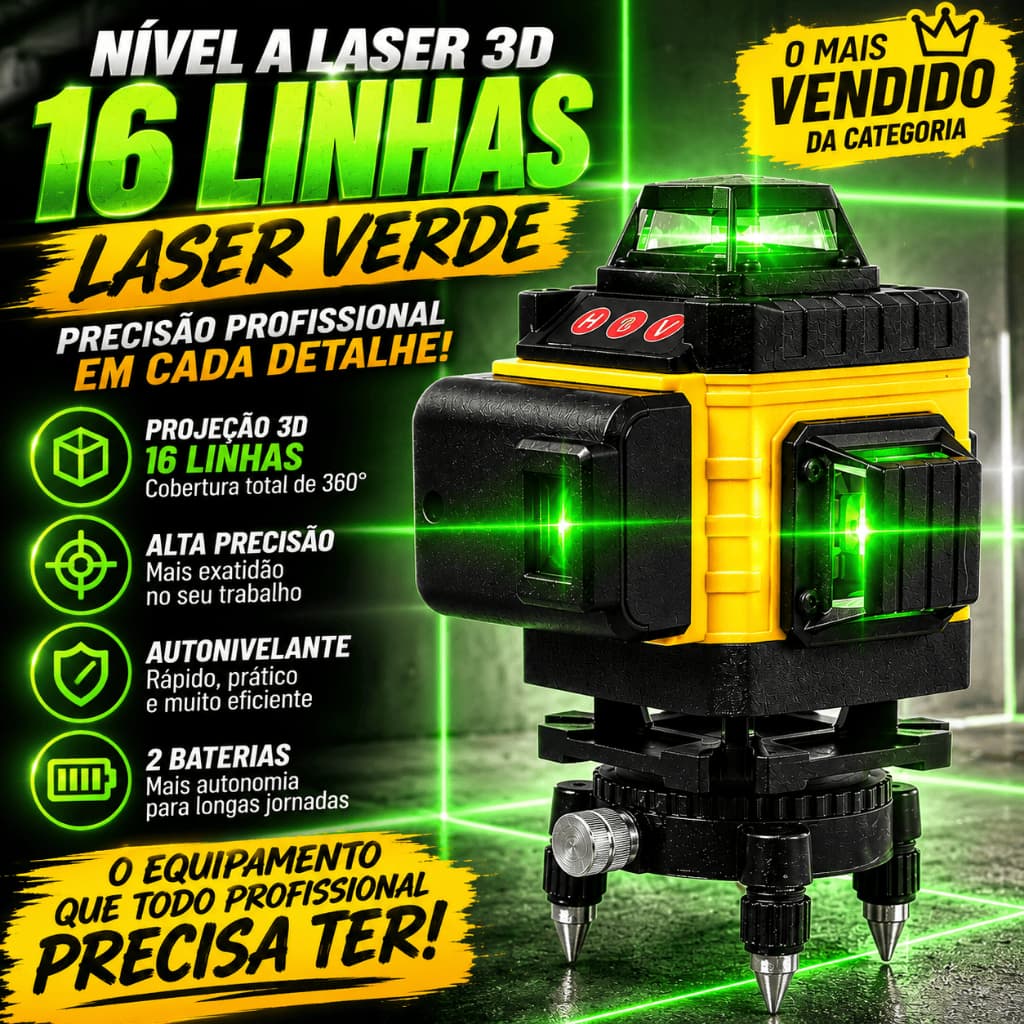 QUEIMA DE ESTOQUE!!! Kit Nível Laser Recarregável 16 Linhas Verde Profissional 3d Com Controle 360 4d