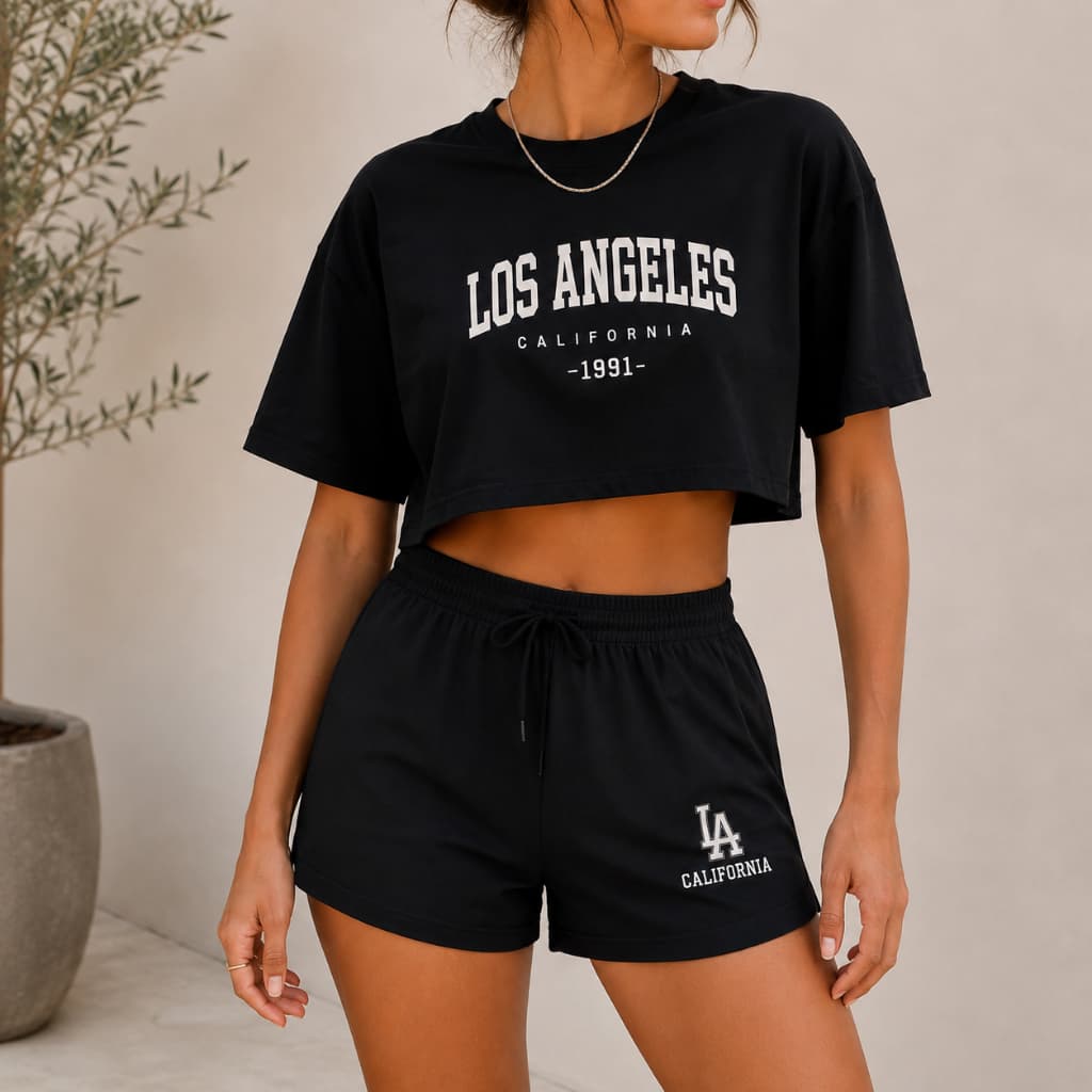 Kit Cropped Feminino  Streetwear Algodão Estampado + Short Tactel Moda Casual Verão P ao XG