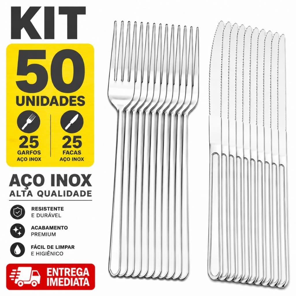 Talheres de Inox 25 Garfo 25 Faca Premium Casa Cozinha Buffet Restaurante Churrasco Faqueiro Prata