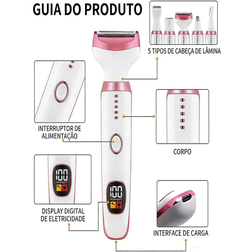 Kit Depilador tela de LED aparador Elétrico Completo 5 em 1 Para Sobrancelha Axila Pequenos Pelos-M7
