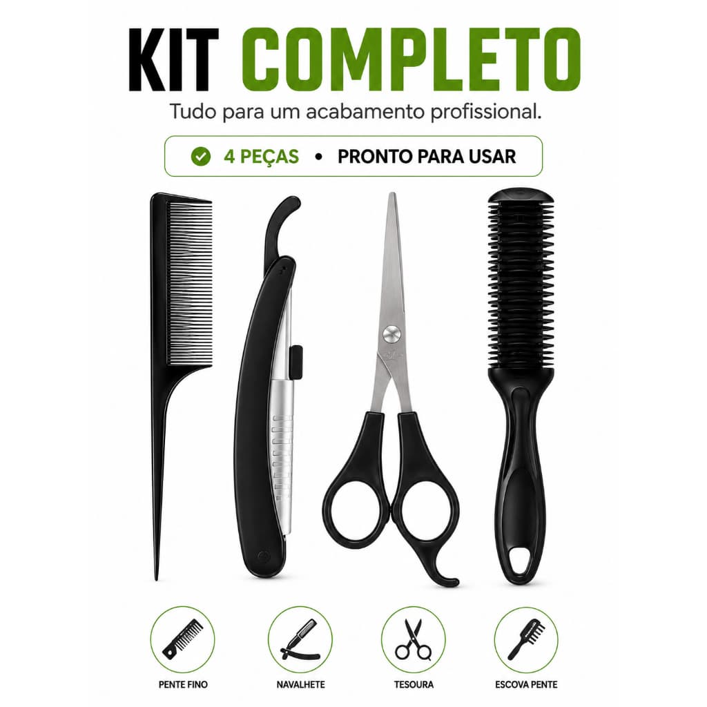 Kit Cabelo 4 Peças Tesoura Pente Navalhete Escova para Corte e Acabamento - ENVIO IMEDIATO