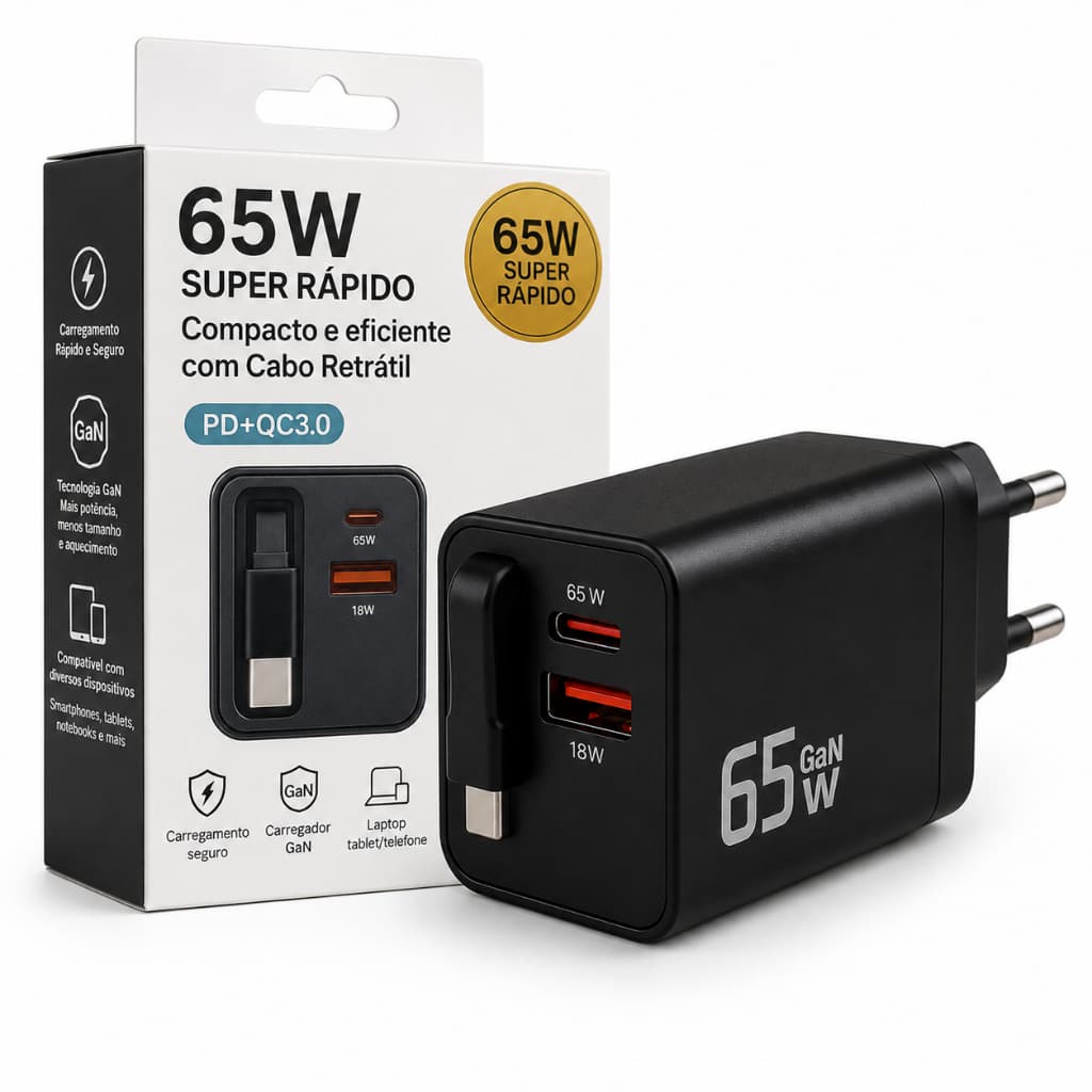 Carregador turbo tipo C para celular e notebook até 65W com cabo  TIpo C