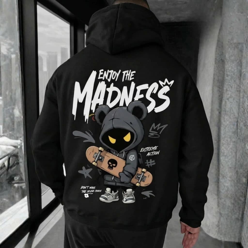 Moletom Canguru Premium Algodão Confortável Estampado Urso Skate Enjoy The Madness Unissex