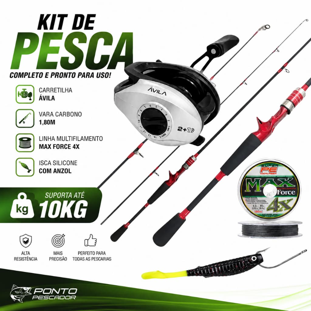 Pesca Esportiva Carretilha Avila+ Vara CArbono 1,80m+ Isca Com Anzol e Linha