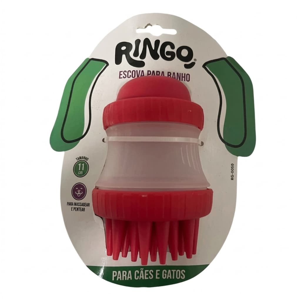 RINGO ESCOVA MASSAGEM PARA BANHO VERMELHA 11CM PARA CAES E GATOS