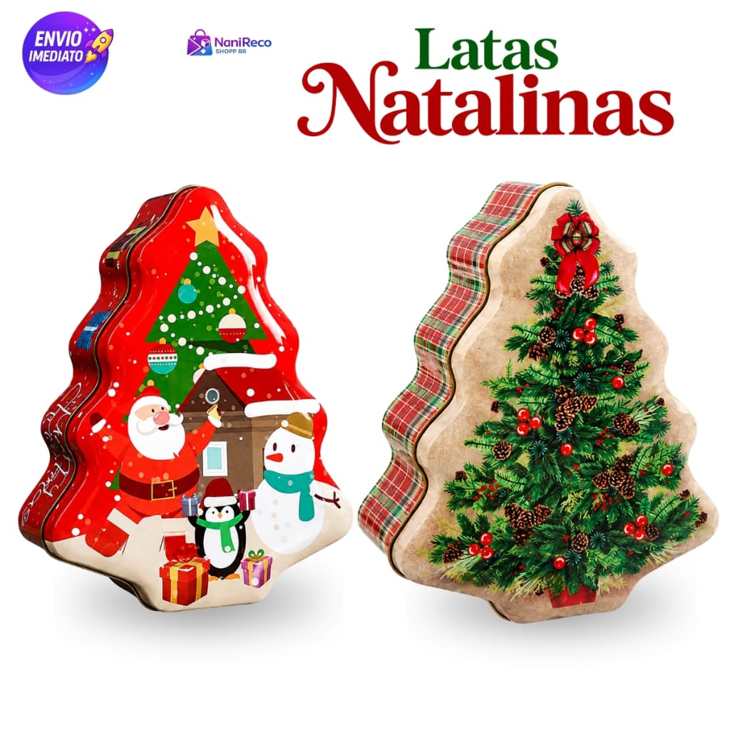 Kit 2/4/6 Latas Natalinas Árvore Decorativa Presente para Doces, Bombons e Chocolates 800ml