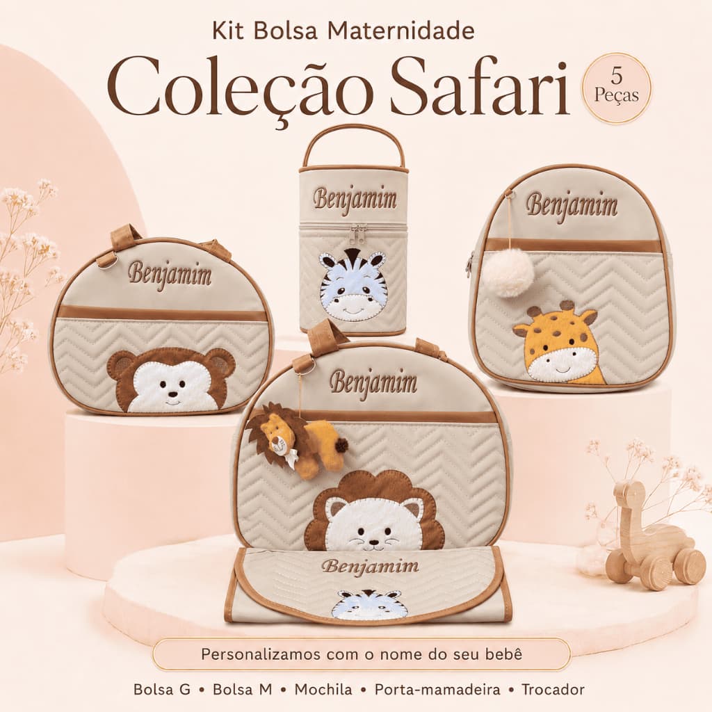 Kit Bolsas Maternidade para bebê 5 Peças safari Completo Personalizado térmico e impermeável