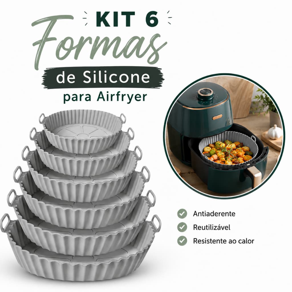 Kit 6 Formas de Silicone para Fritadeira Air Fryer com Alça Antiaderente Lavável Reutilizável Cozinha