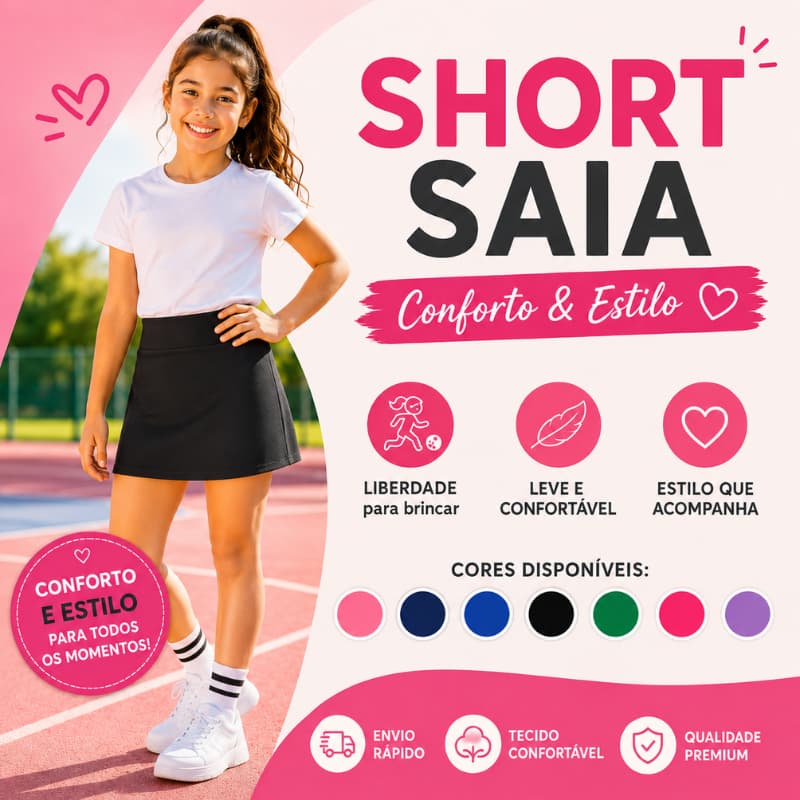 Short Saia Infantil Menina com Short Interno Confortável Escolar Esportivo para Brincar Passeio | 3753 | Promoção