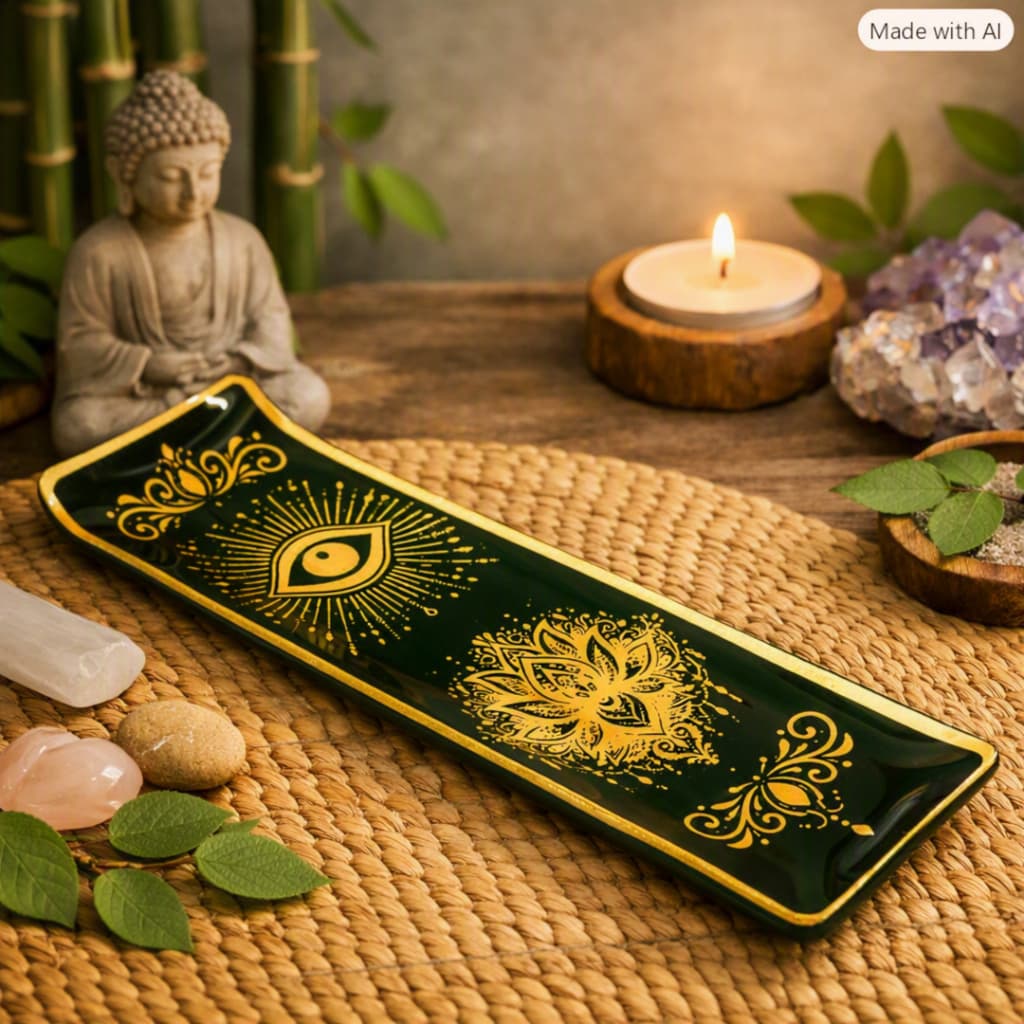 Porta Incenso Retangular Estampa Flor de lotus e olho grego