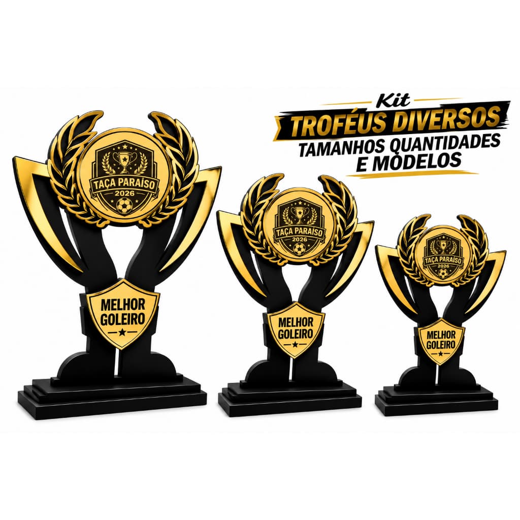 kit Troféus de MDF e Acrílico para Premiação 1º, 2º e 3º lugares Futebol Volei Campeão Vencedor
