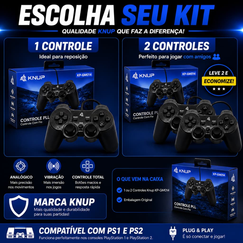 controle ps1 ps2 knup kp-gm014 com fio analógico vibração dual shock joystick