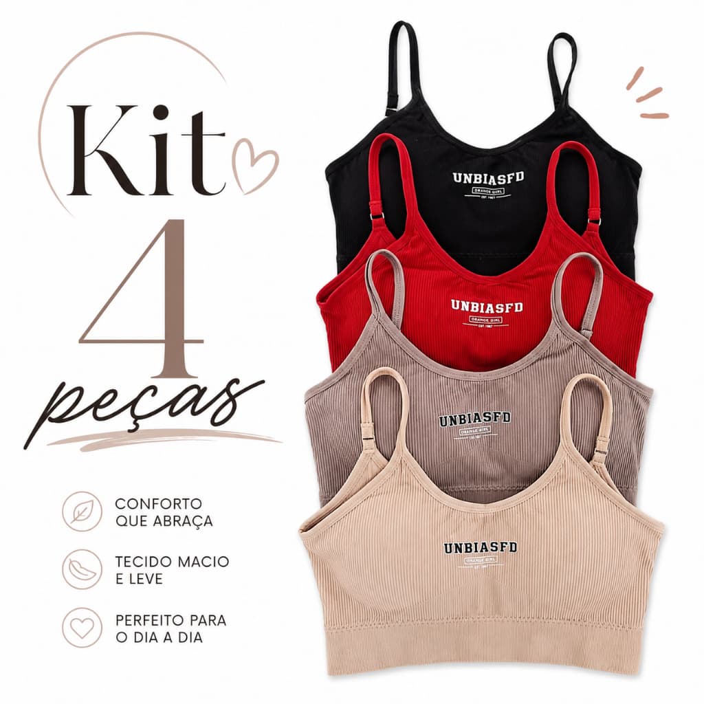 Kit 4 Top Feminino Canelado com Bojo Removível Top Fitness Academia Confortável Alta Sustentação Sem Costura Moda Íntima