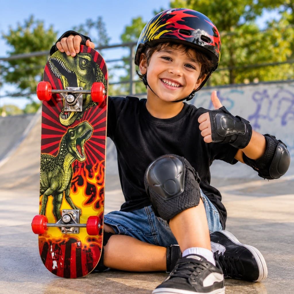 Skate Infantil Estampado C/ Kit De Proteção - Dinossauro