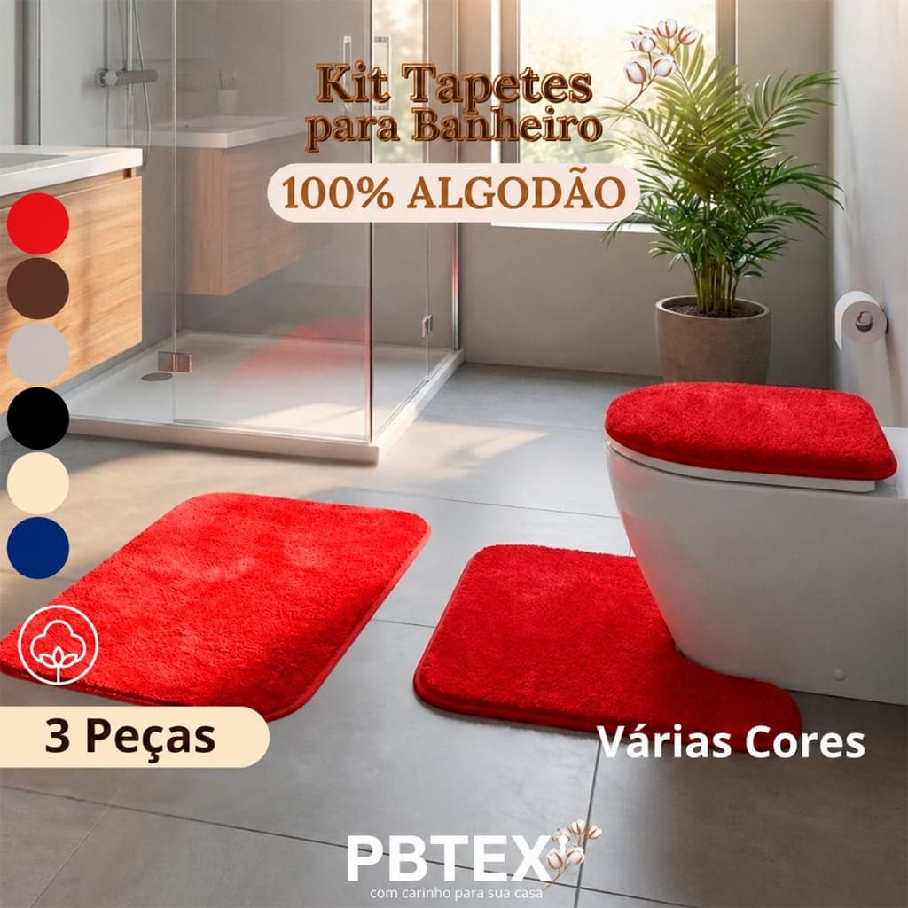 Kit Tapetes Para Banheiro 100% Algodão 3 Peças Diversas Cores Alta Absorção