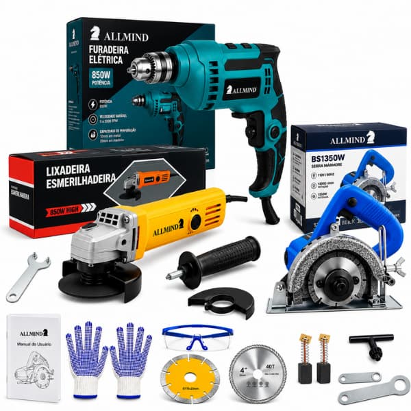 Kit 3 em 1 Ferramentas 1350W Esmerilhadeira, Furadeira e Serra Mármore com Maleta Profissional