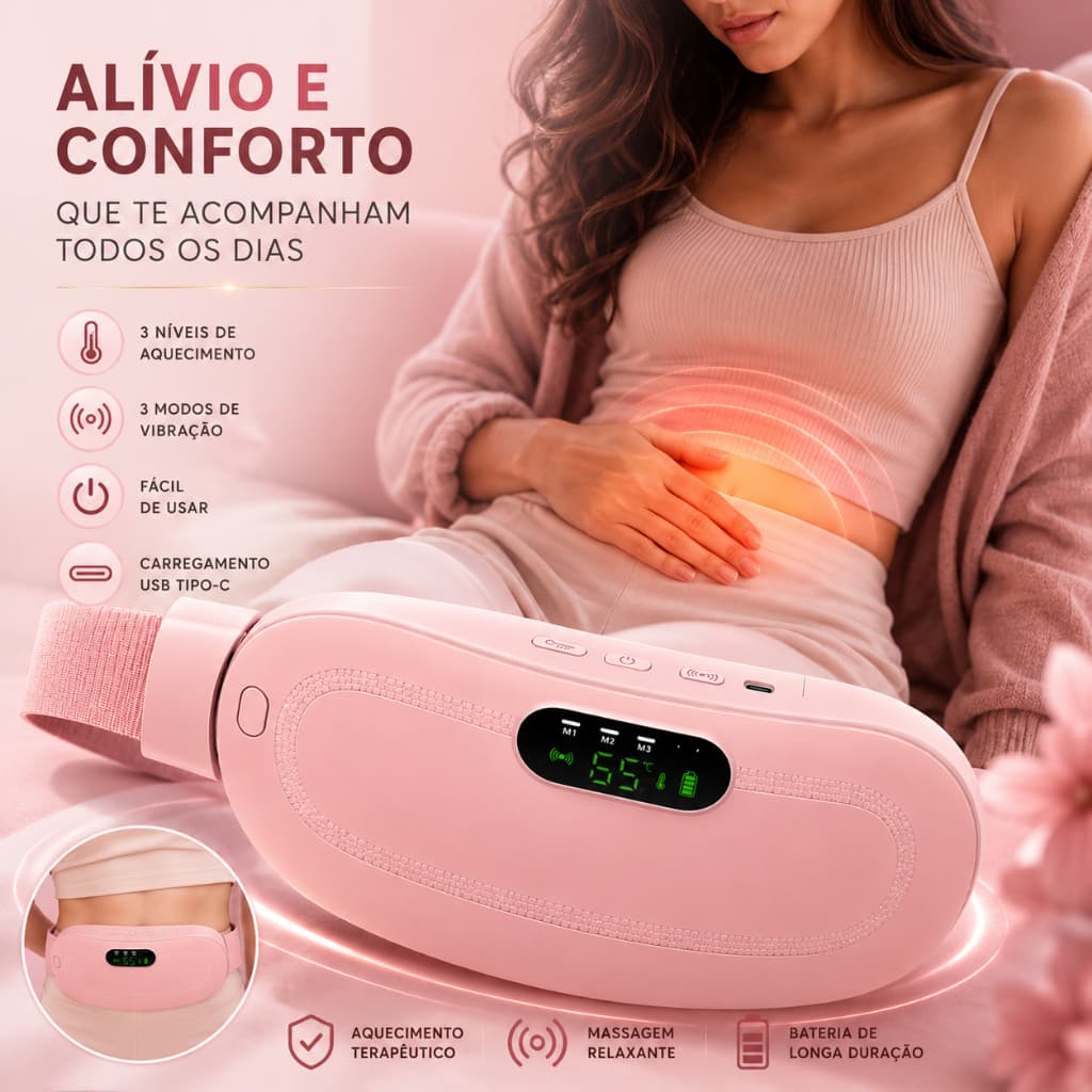 Cinta Compressa Térmica Massageadora Abdominal Cólica Menstrual 3 Níveis Aquecimento Massagem