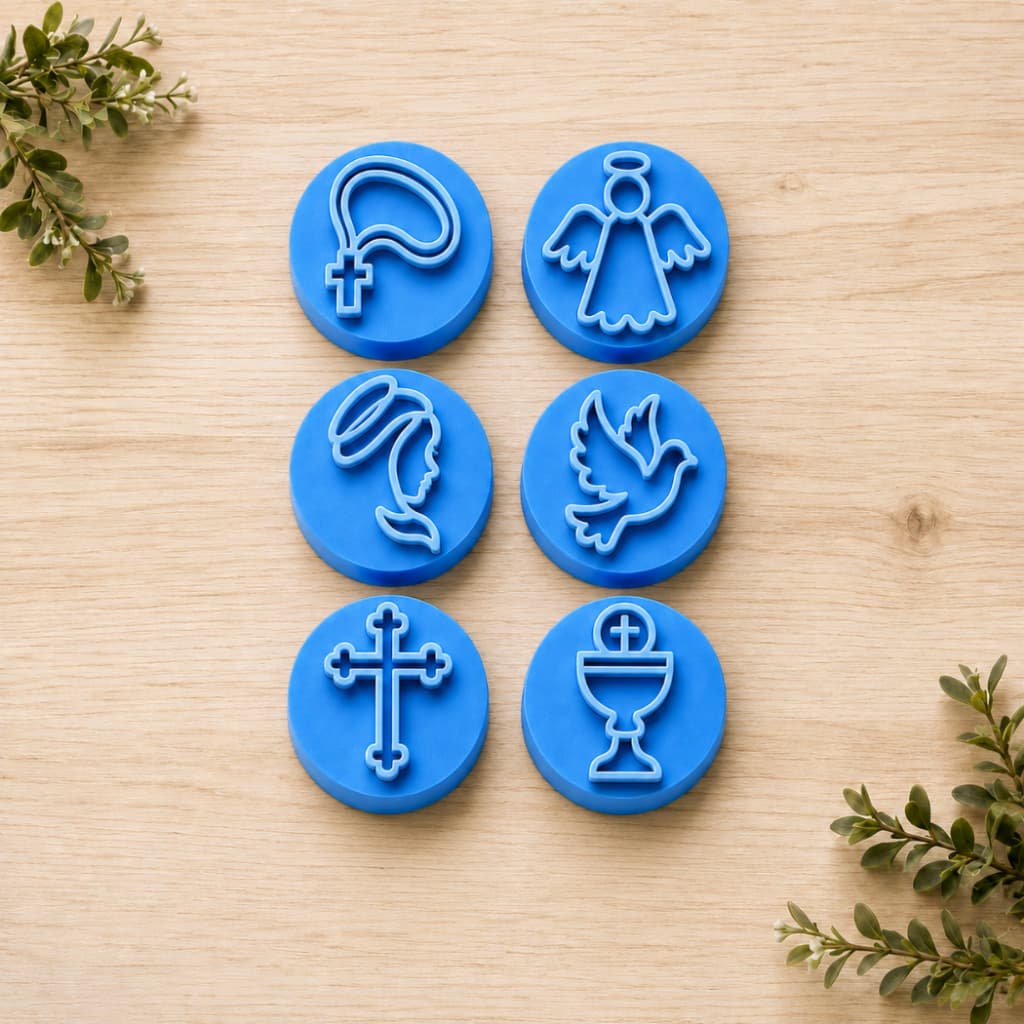 Kit 6 Carimbos Marcadores de Doces Brigadeiro Batizado Crisma Primeira Comunhão Terço Cruz Maria