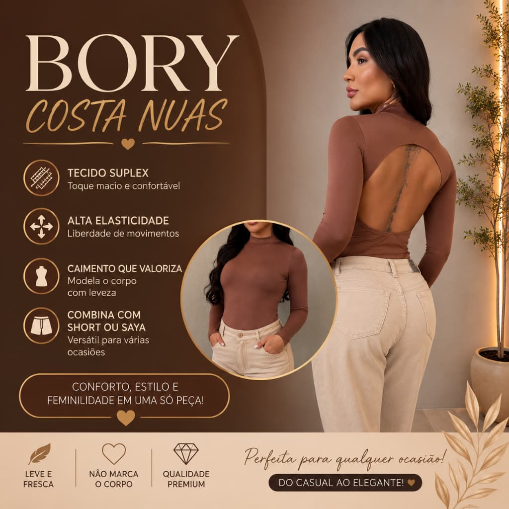Body Costa Nua Manga Comprida Gola Alta Feminino Elegante Estiloso Moda Feminina