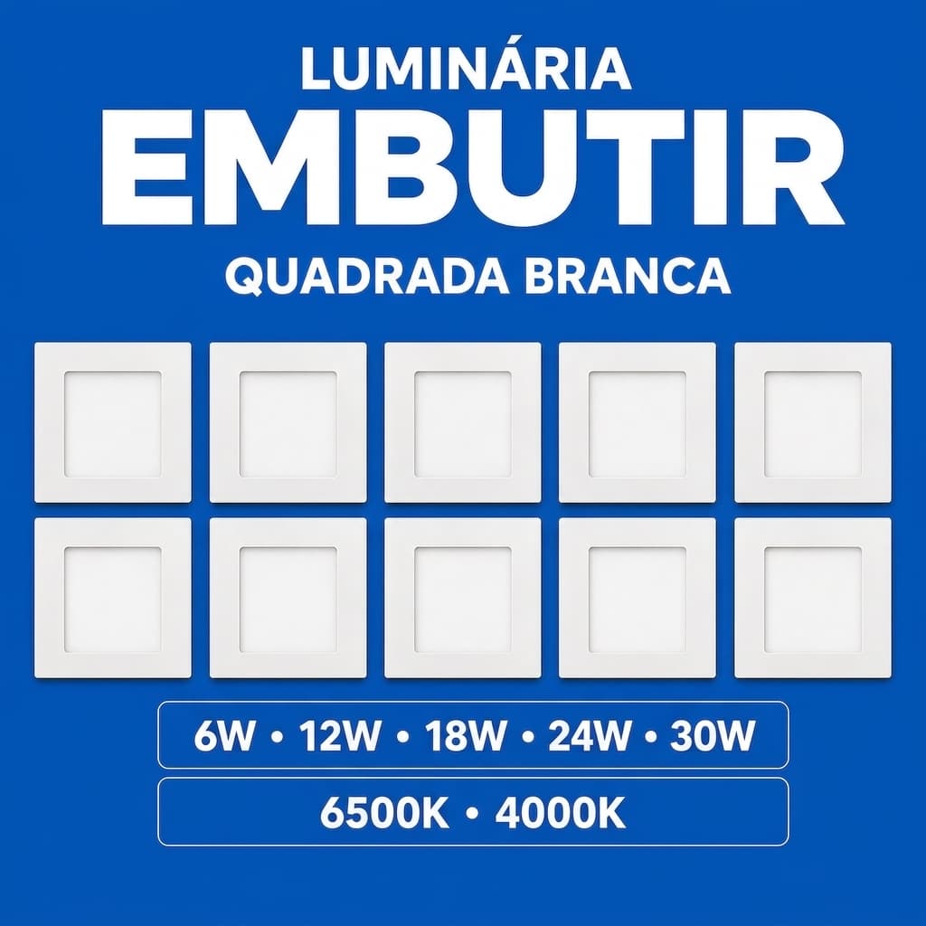 Kit 10 Luminária Painel Plafon Embutir Quadrado 6W 12W 18W 24W 30W 6500K 4000k Elgin