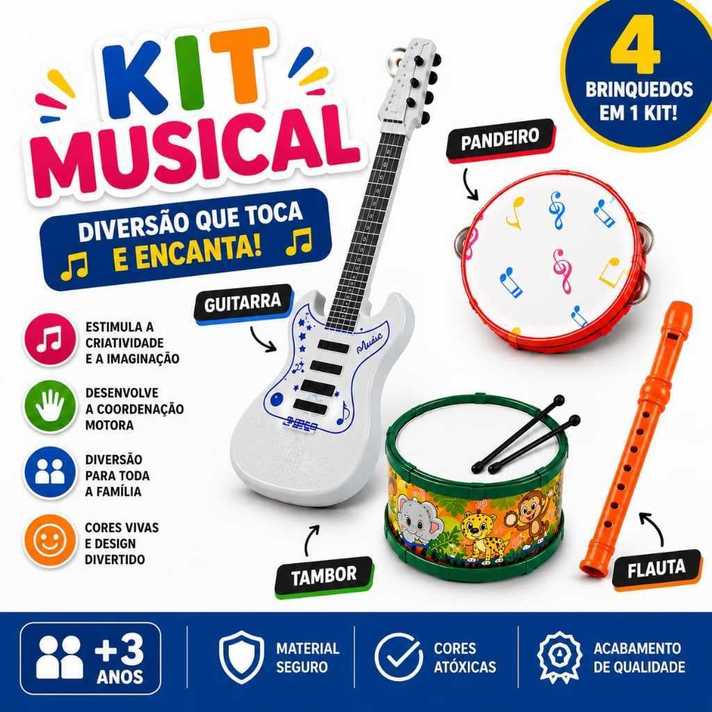 KIT Musical Instrumentos Guitarra Pandeiro Tambor Flauta Violão infantil Brinquedo