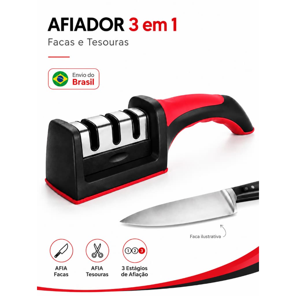 Afiador Amolador de Facas e Tesouras 3 em 1 Profissional Top Afiador de Facas e Tesouras