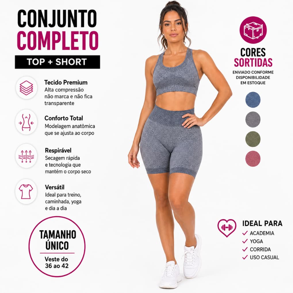 Conjunto Fitness Feminino Top e Short Cintura Alta Sem Costura Suplex Modelador Academia Corrida Yoga Pilates Dia a Dia