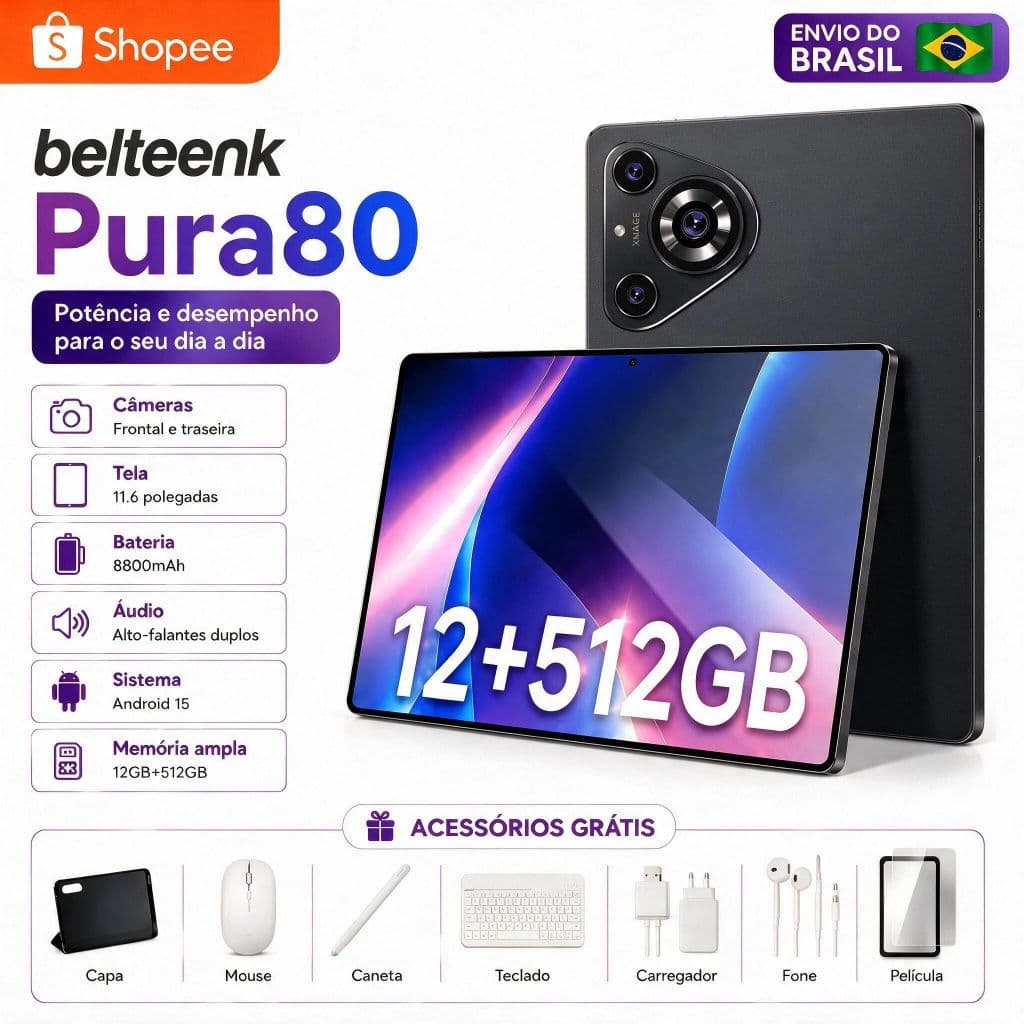 belteenk Tablet Pura80 Combo com Teclado e Mouse -11.6"inch 16GB+512GB Android 15 com 8800mAh Ideal para Estudos e Jogos