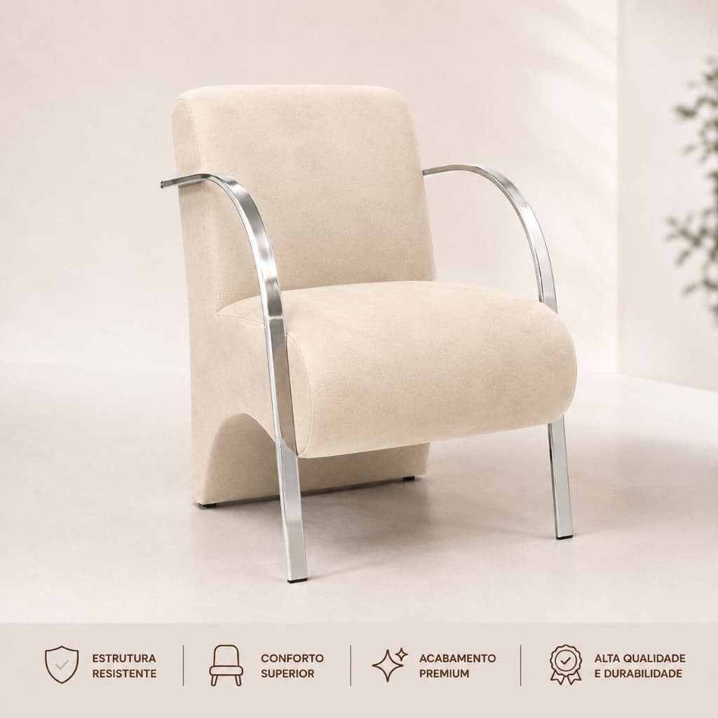 Poltrona Decorativa Predoli em Suede com Braços de Alumínio para Sala e Recepção