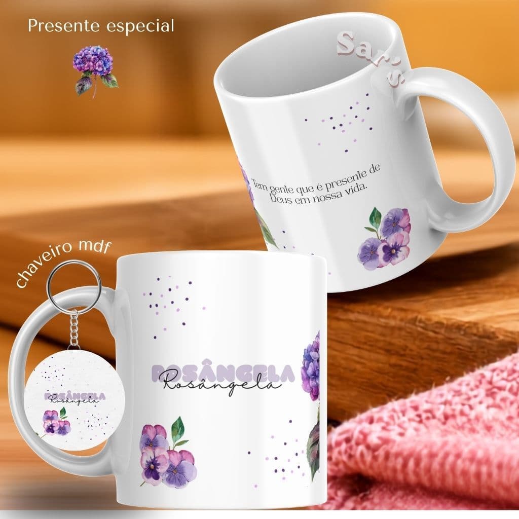 Caneca Personalizada com Nome e frase + chaveiro Mdf  + caixa para presente - Xícara Porcelana