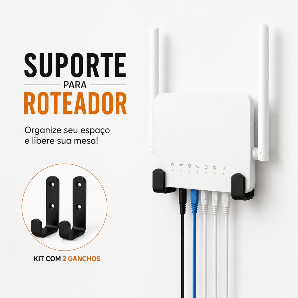 Suporte Roteador Parede para Modem WiFi Kit 2 Ganchos Aço Carbono