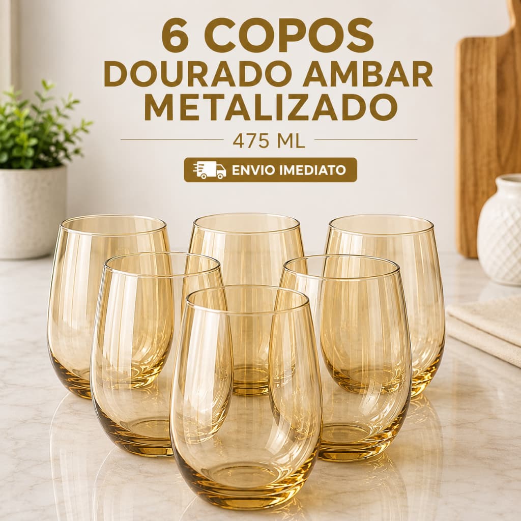 Jogo 12/6/4 Copos Vidro Dourado Metalizado Luxo 475ml - Resistente Aruba