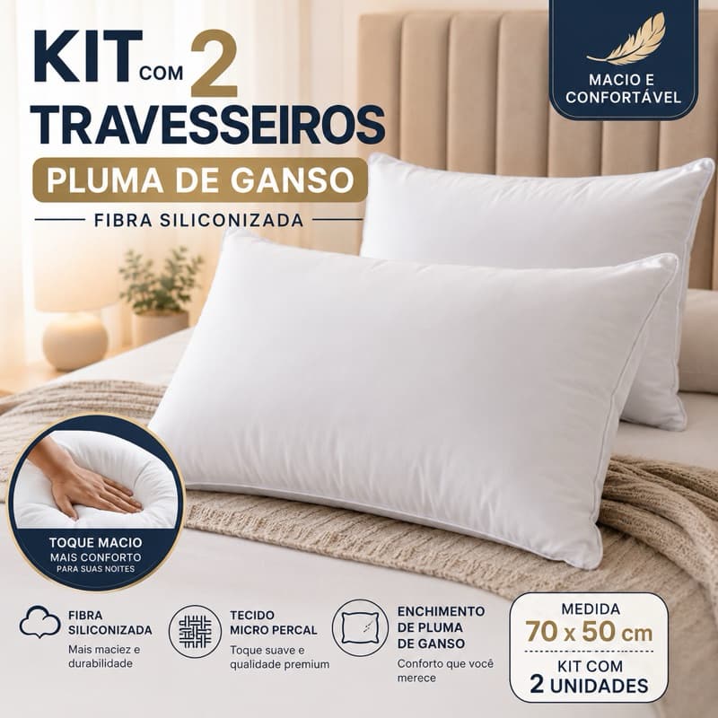 Kit com 2 Travesseiros Pluma de Ganso 70x50cm Fibra Siliconizada Micropercal Macio e Confortavél
