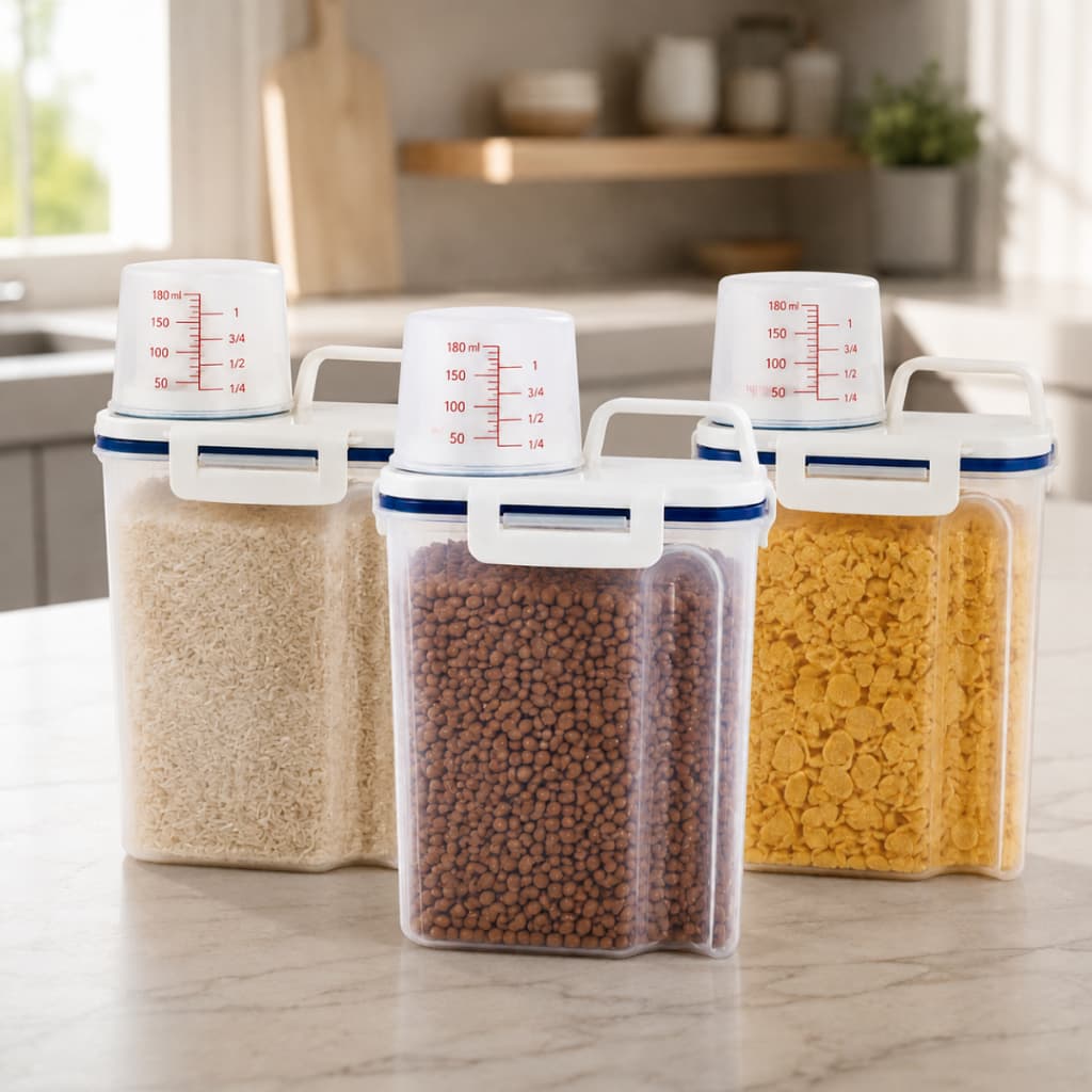 Potes Dispenser Hermético 1,5L Kit até 3 Peças Organizador Cozinha e Lavanderia Arroz Grãos Sabão em Pó Copo Dosador