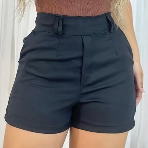 Short Feminino Alfaiataria Premium Com Bolsos Ziper Lateral Cintura Alta Casual Elegante