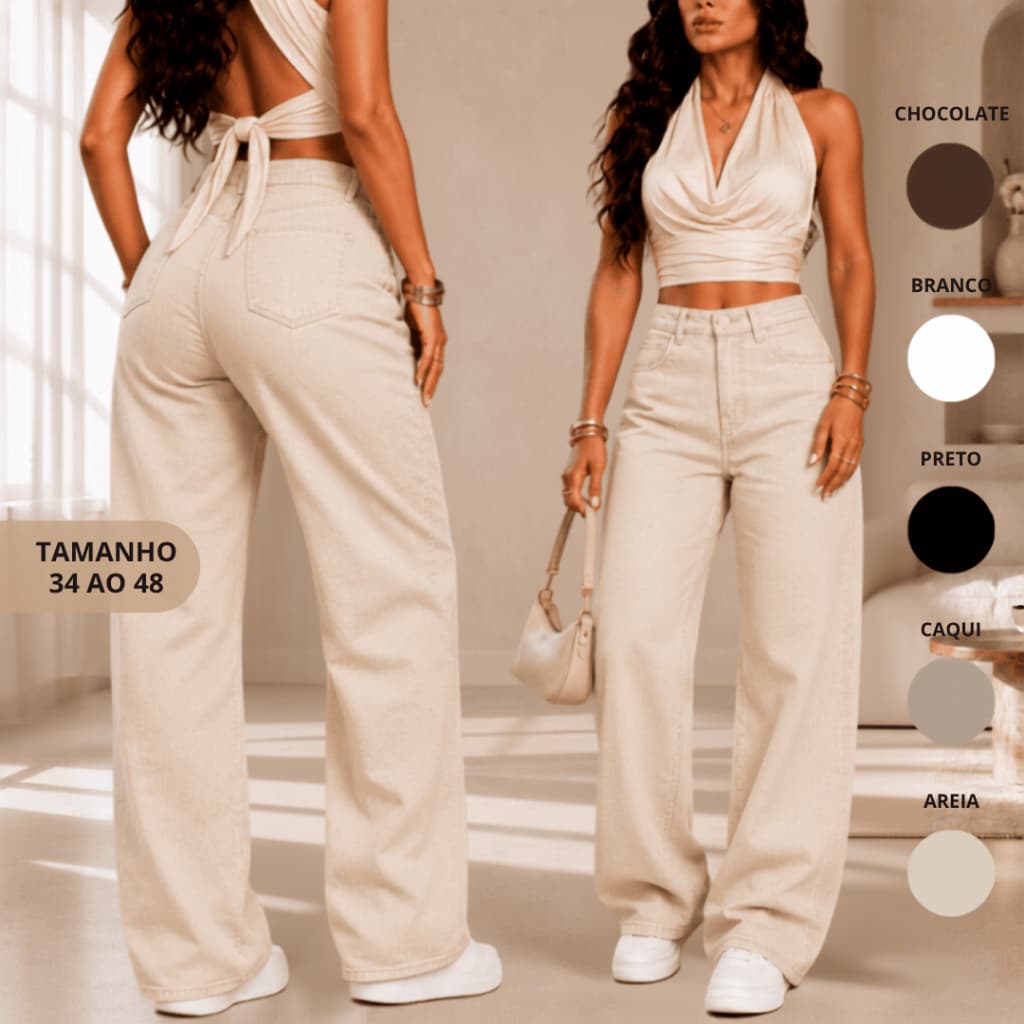 Calça Jeans Feminina Calça Jeans Wide Leg Pantalona Casual 100%Algodão GLAMUUR
