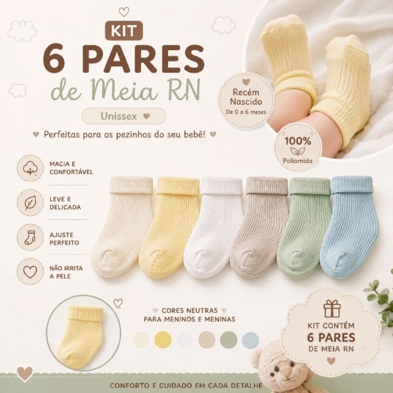 Kit 6 pares de Meia Bebê RN 0 a 6 Meses 100% Poliamida Confortável Macia