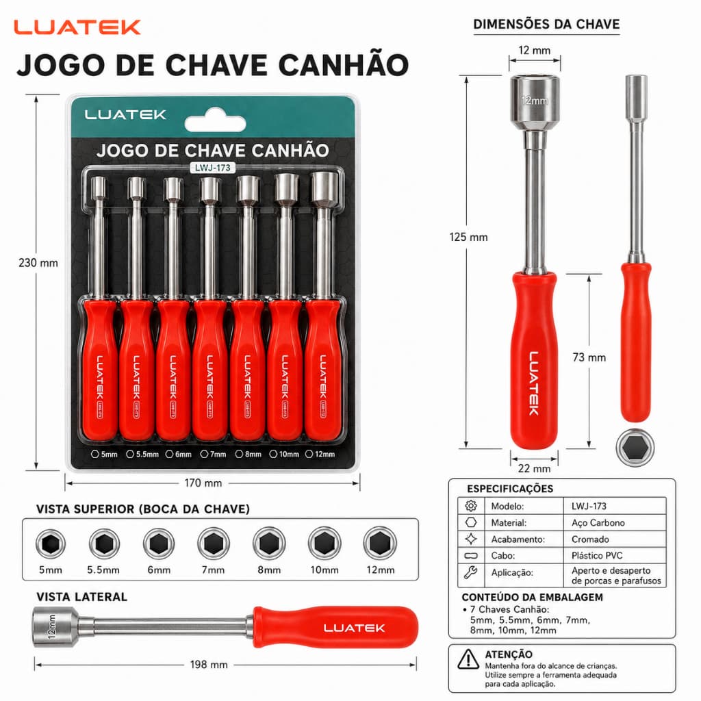 Kit De Chaves Canhão Soquete 7 Peças LUATEK