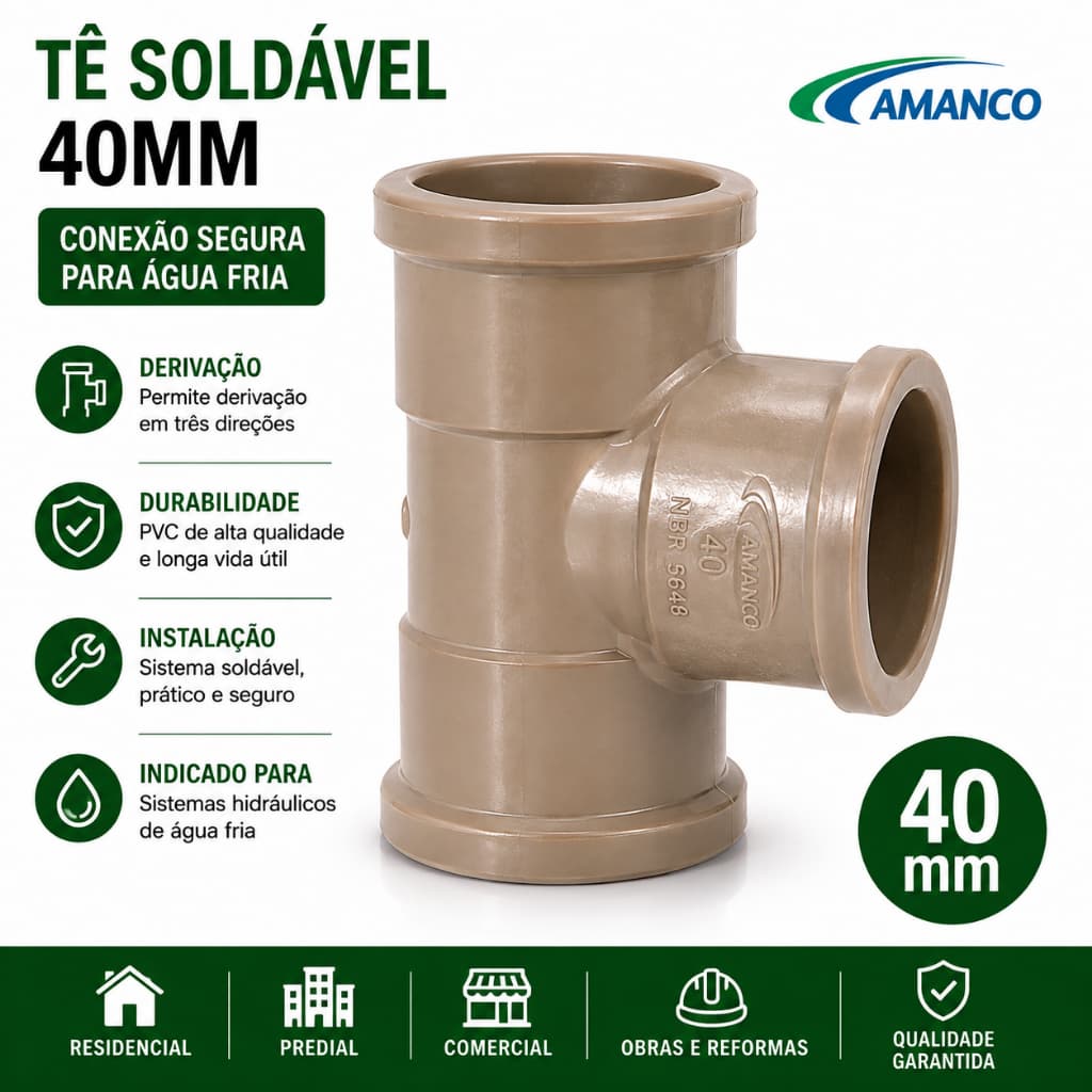 Tê Soldável 40mm PVC Marrom Conexão Hidráulica Água Fria Tubulação Encaixe Soldável